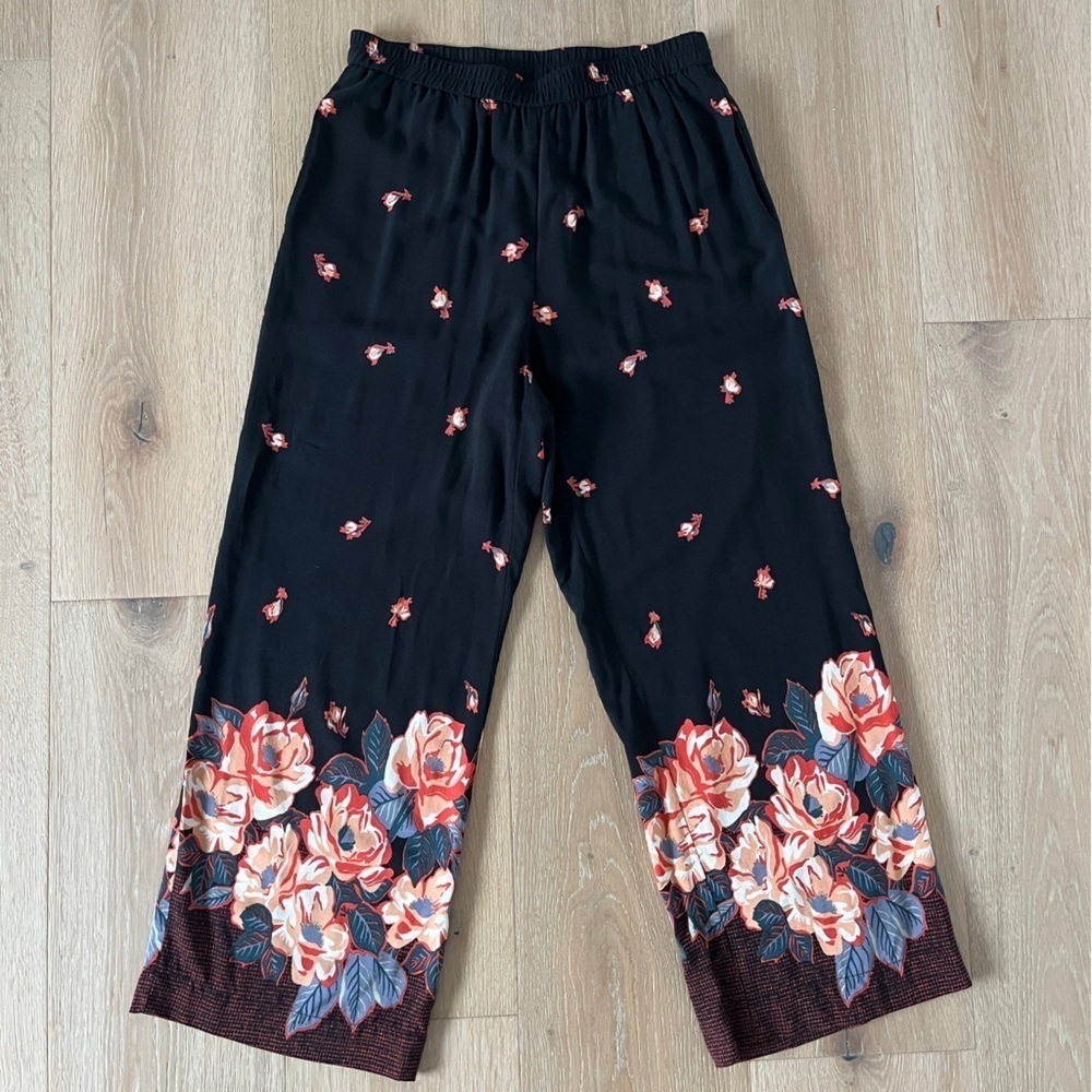 Ettiwa Anthropologie Pants Womens XS Black Floral Wide Leg Ankle Crop *O20